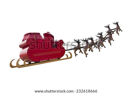 Santa Claus riding a sleigh in a day light led by reindeers isolated on white background