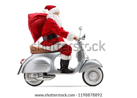 Santa Claus with a sack riding a vintage scooter isolated on white background