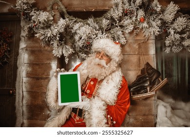 Santa Claus showing digital tablet empty green screen for advertising. Vertical image - Powered by Shutterstock