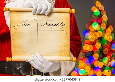 Santa Claus showing a parchment scroll with Nice and Naughty list with the bokeh of multi-colored Christmas tree lights in background - Powered by Shutterstock