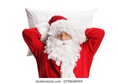 Santa claus sleeping on a white pillow isolated on white background - Powered by Shutterstock