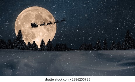 Santa Claus in a sleigh with reindeer flies over the earth in the night starry sky with an amazing big moon with snow. Magic and Happy New Year 2024, concept. Night forest with snow field - Powered by Shutterstock