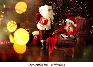 Santa Claus Sneaking Gift While Little Stock Photo 1576968358