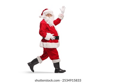 Santa Claus walking and waving at camera isolated on white background  - Powered by Shutterstock