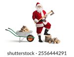 Santa claus with a wheelbarrow and firewood isolated on white background