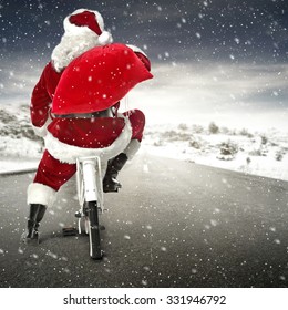 Santa Claus White Bike And Red Sack 