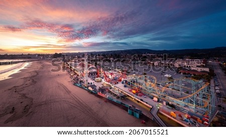 Santa Cruz Boardwalk Aerial View with Colorful Sunset, California