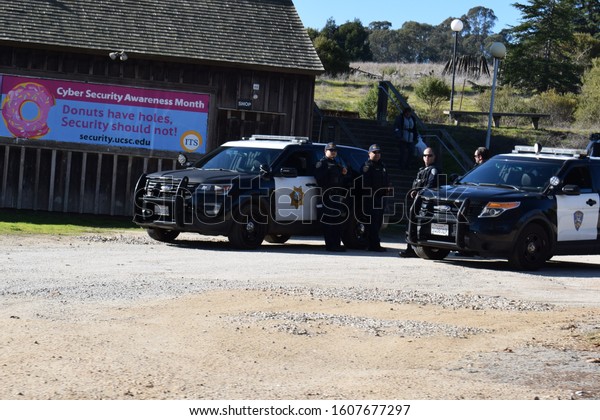 Santa Cruz, California/ USA.- 1/6/2020 : Police\
officers at AFSCME Union protest at University of California Santa\
Cruz. On Bay Rd. and High\
St.
