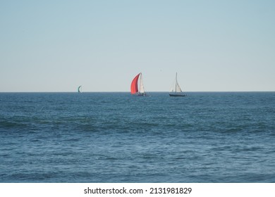 Santa Cruz, California, USA. Sunday, ‎February ‎6, ‎2022. Three Sail Boats Cruising Around On The Monterey Bay. 