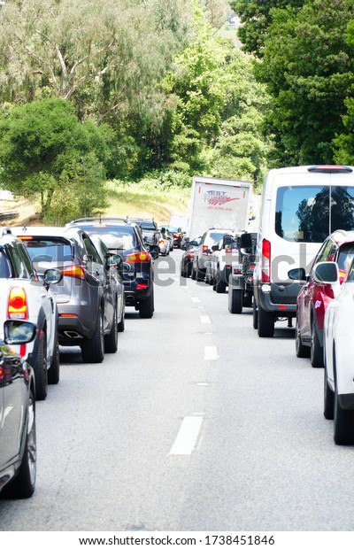 Santa Cruz, California,\
USA. ‎May ‎18, ‎2020.   A Traffic jam on Highway 17 in the Santa\
Cruz mountains.  