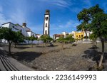 Santa Cruz de Tenerife. Canary Islands. Spain. Bell tower of Church of Our Lady of the Conception (Iglesia de Nuestra Senora de la Concepcion). Fisheye lens.