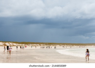 SANTA CRUZ ISLAND, GALAPAGOS ISLANDS, ECUADOR - MARCH 12, 2022: People Visit Tortuga Bay, A Beach That Is Home To A Wide Range Of Galapagos Islands Wildlife Species. 