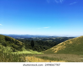 Santa Cruz mountain landscape in northern California with lush green fields in spring and panorama view