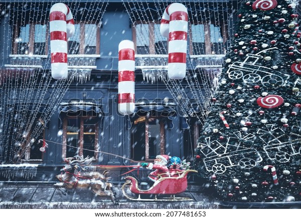 Santa and deer car background on a snowy day.\
New year concept.