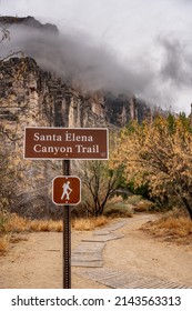 Santa Elena Canyon Trail Sign Medium with fog over the canyon - Shutterstock ID 2143563313