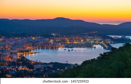 Santa Eulalia Eularia des Riu skyline sunset Ibiza at Balearic Islands