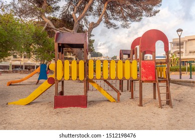 Santa Eulalia, Spain - September 20, 2019: Empty Kids Par Near Cala Llonga The Beach