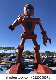 Santa Fe, New Mexico, USA - October 29, 2022: View Of The Becoming Human Sculpture Outside Meow Wolf