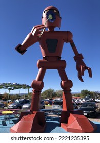 Santa Fe, New Mexico, USA - October 29, 2022: The Becoming Human Robot Sculpture Outside Meow Wolf