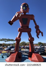 Santa Fe, New Mexico, USA - October 29, 2022: The Becoming Human Robot Sculpture Outside Meow Wolf