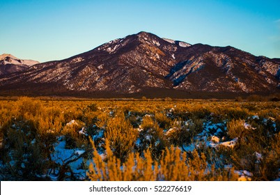 Santa Fe New Mexico USA Sunset Sanger De Cristo Mountain Range At Taos New Mexico During Fall Color Changing And First Snowfall