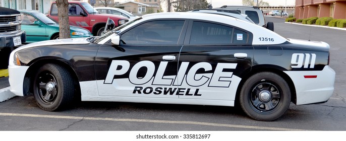 SANTA FE NM AVRIL 23: Roswell Police Department Car. On April 23 2014 In Santa Fe New Mexico USA. Roswell Is Known For Having Its Name Attached To What Is Now Called The 1947 Roswell UFO Incident