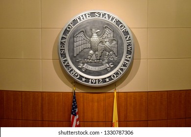 Santa Fe, NM - December 15, 2017: The Great Seal of the State of New Mexico in the House of Representatives chamber within the New Mexico State Capitol in Santa Fe.