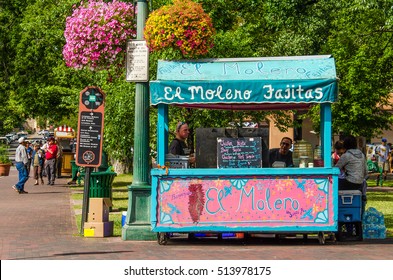 Santa Fe, USA - July 30, 2015: Colorful Pink And Blue Mexican El Molero Fajitas Food Stand In Downtown