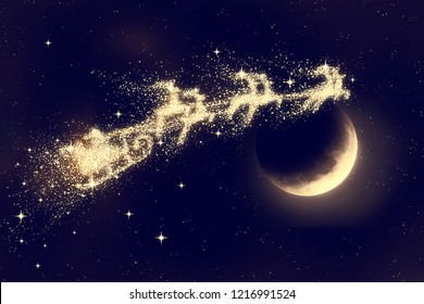 Santa flying on night sky over moon light. Marry Christmas and happy holiday. Elements of this image furnished by NASA