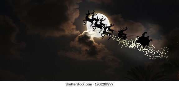 Santa Flying Over Full Moon