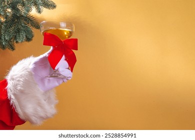Santa hands with white wine or champagne glass, simple Merry Christmas and Happy New Year background, menu, Christmas party invitation background, seasonal gifts and sale promotion  background