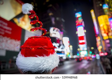 Santa Hat With Colorful Christmas Lights In Times Square, New York City