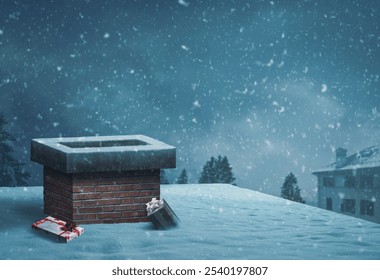 Santa was here: lost gifts next to a chimney on a roof on the show, Christmas Eve concept - Powered by Shutterstock