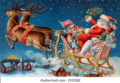 Santa and his sleigh flying above a sleepy village on Christmas eve - a 1906 vintage illustration