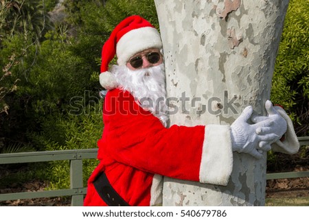 Santa hugging tree. Environmentalist Santa. Save the trees.