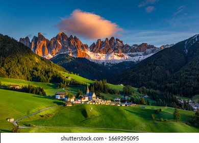 Santa Maddalena (Santa Magdalena) village with magical Dolomites mountains in autumn, Val di Funes valley, Trentino Alto Adige region, South Tyrol, Italy, Europe. Santa Maddalena Village, Italy. 