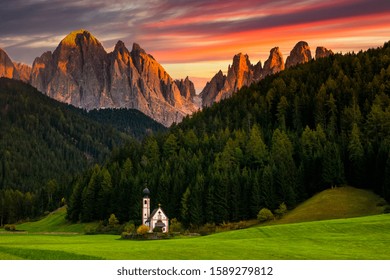 Santa Maddalena village in front of the Geisler, Val di Funes, Italy, Europe.