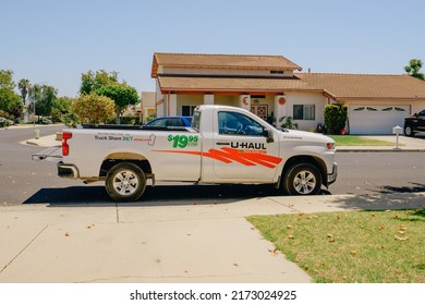 Santa Maria, California, USA-June 29, 2022.  U-Haul rental truck parked on the street close to the house, Santa Maria, California