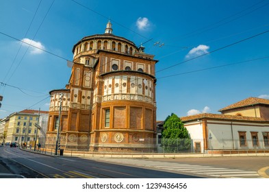 Santa Maria delle Grazie church brick building with famous Last supper fresco Cenacolo Vinciano by Leonardo da Vinci, Milan, Lombardy, Italy