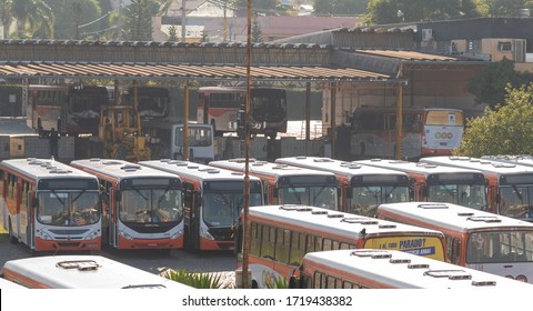 Santa Maria / RS / Brazil - 04/23/2020 - Urban Transport Bus Garage In The City Of Santa Maria. Bus Fleet Stopped In Parking Lot Of Utility Company.