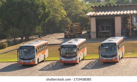 Santa Maria / RS / Brazil - 04/23/2020 - Urban Transport Bus Garage In The City Of Santa Maria. Bus Fleet Stopped In Parking Lot Of Utility Company.