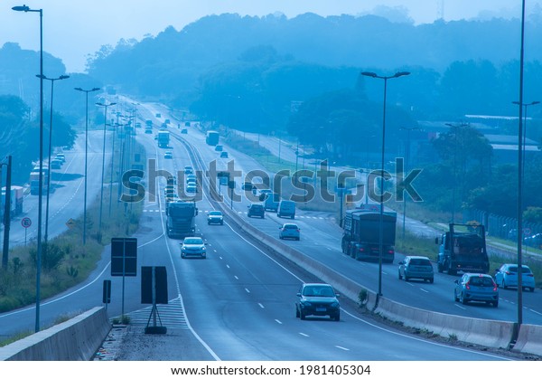Santa Maria RS Brazil.\
05.15.2021. Heavy vehicle traffic on the federal highway BR-158 in\
southern Brazil.