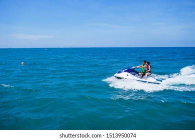 Santa Marta/Colombia: 09 24 2019: Tourists Enjoy Driving Jetski On The Ocean