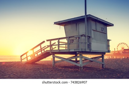 Santa Monica beach lifeguard tower in California USA at sunset - Powered by Shutterstock