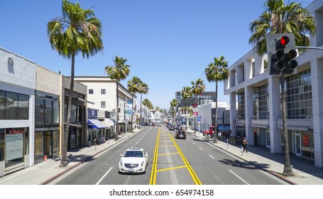 Santa Monica Boulevard Street View In Beverly Hills - LOS ANGELES / CALIFORNIA - APRIL 20, 2017