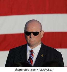 SANTA MONICA, CA - MAY 23, 2016: Secret Service Agent Watching Crowd For US  Bernie Sanders (D - VT) At A Presidential Rally At Santa Monica High School Football Field In Santa Monica, California.