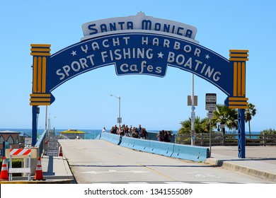 Santa Monica, CA / USA - March 27 , 2017: The Famous Santa Monica Pier Entrance Sign.  