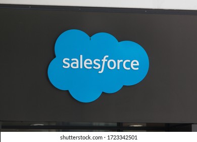 Santa Monica, CA, USA - May 3, 2020: Salesforce Logo Corporation Trademark Building Banner Exterior in Santa Monica. Cloud Based Software Company for Market Automation Analytics Application