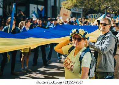 Santa Monica, California  USA - March 12 2022: Stand With Ukraine. Support Ukraine in Santa Monica, Los Angeles