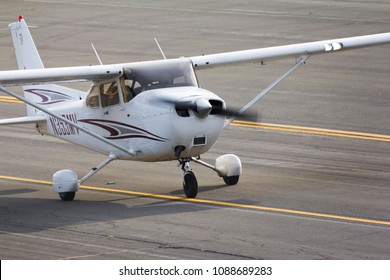 Santa Monica, California / USA - May 10 2018: Student Pilot Is Taxiing To A Runway For A Take Off In A Fixed Wing Cessna 172